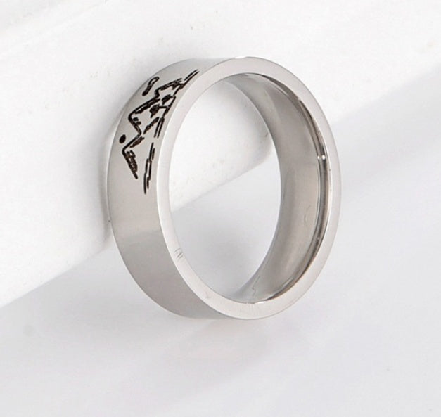 Engraved Electroplated "Titanium Steel" Unisex Ring Nature / Mountain South East Asian Style Carving