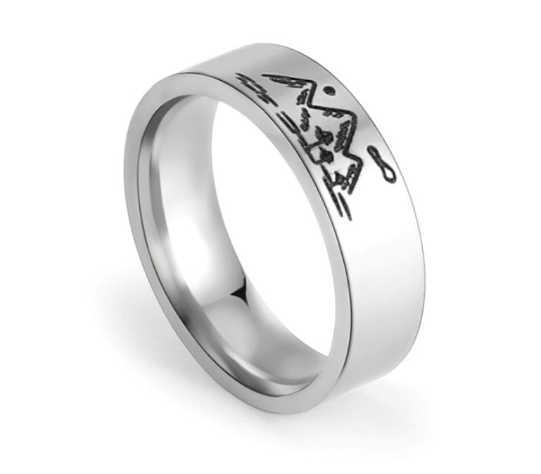 Engraved Electroplated "Titanium Steel" Unisex Ring Nature / Mountain South East Asian Style Carving