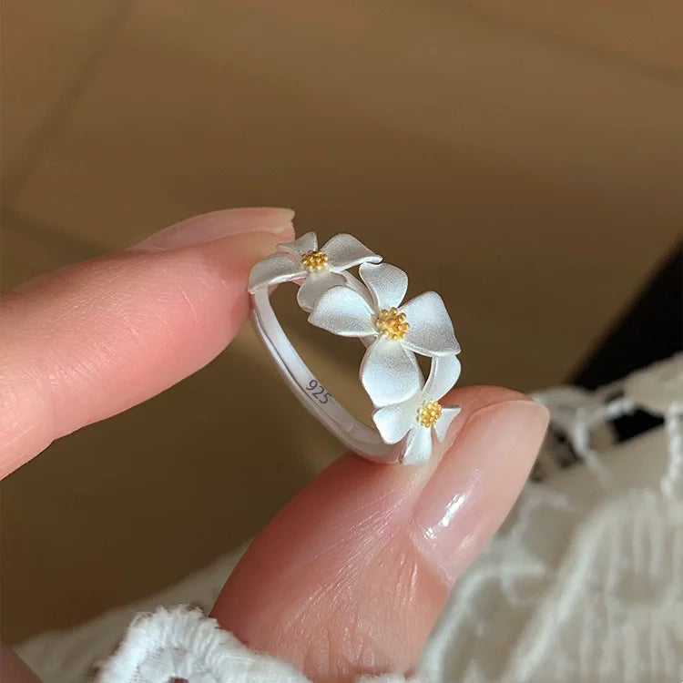 925 Silver Open Finger Ring Flower Leaf Design Green Golden Vintage Stackable For Women