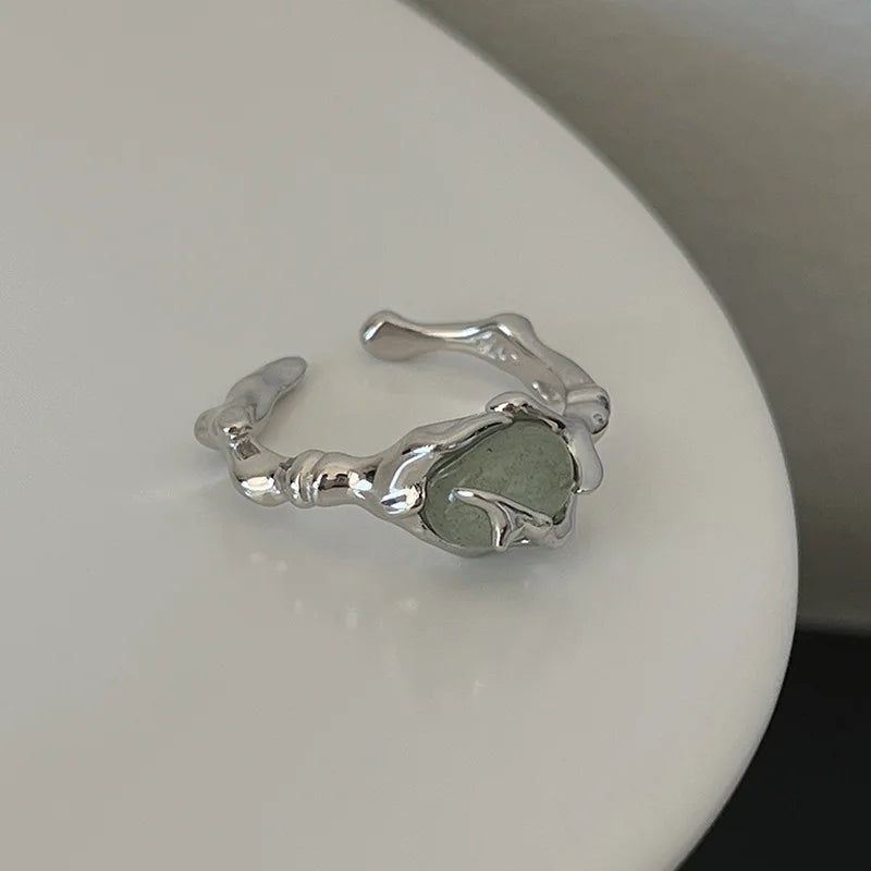 925 Silver Open Finger Ring Flower Leaf Design Green Golden Vintage Stackable For Women