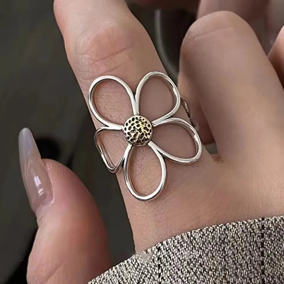 925 Silver Open Finger Ring Flower Leaf Design Green Golden Vintage Stackable For Women