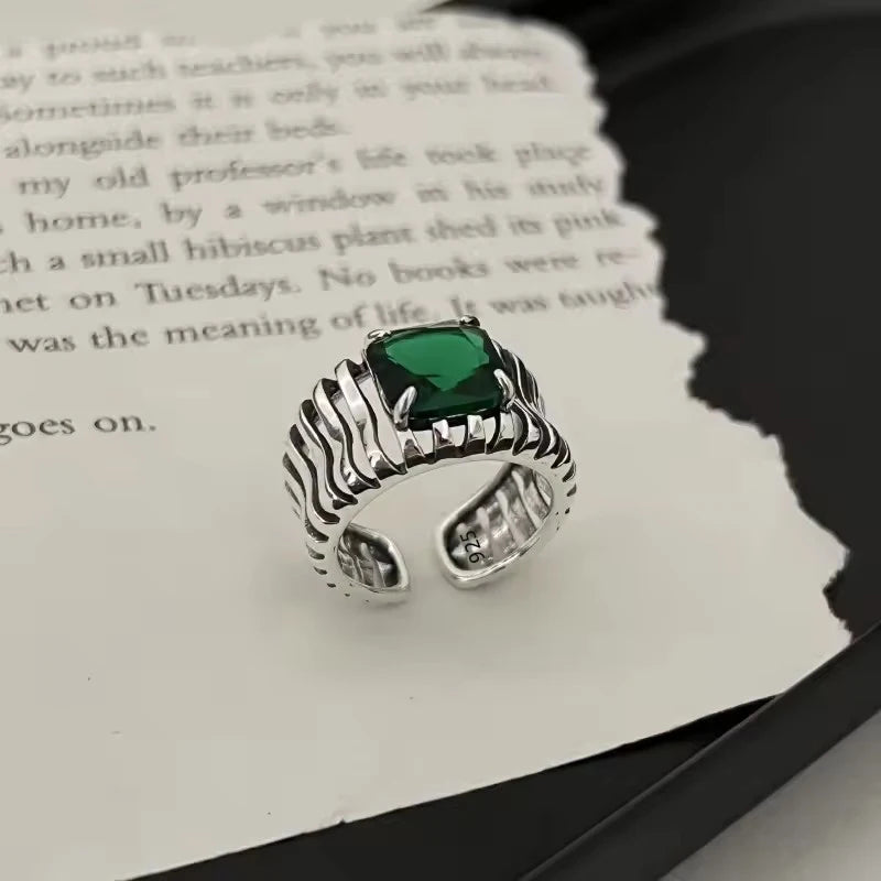 925 Silver Open Finger Ring Flower Leaf Design Green Golden Vintage Stackable For Women