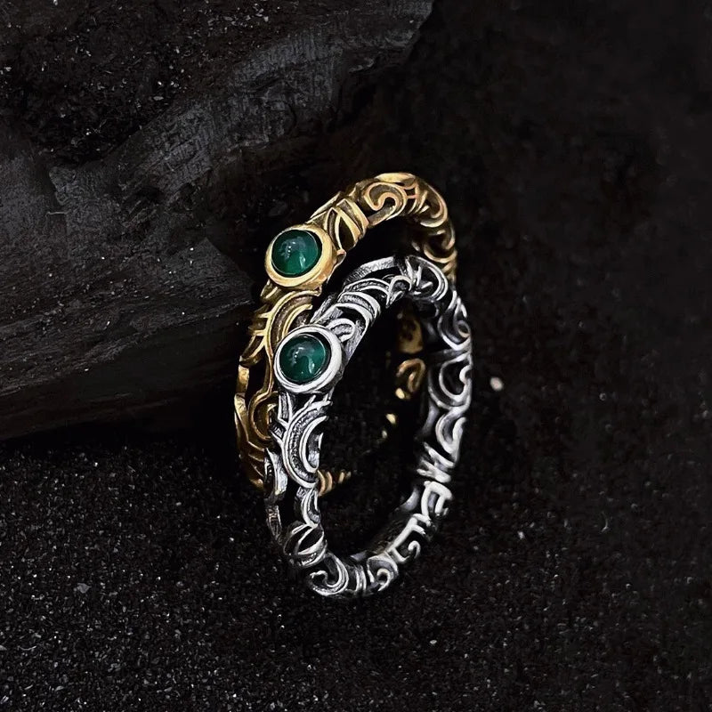 925 Silver Open Finger Ring Flower Leaf Design Green Golden Vintage Stackable For Women