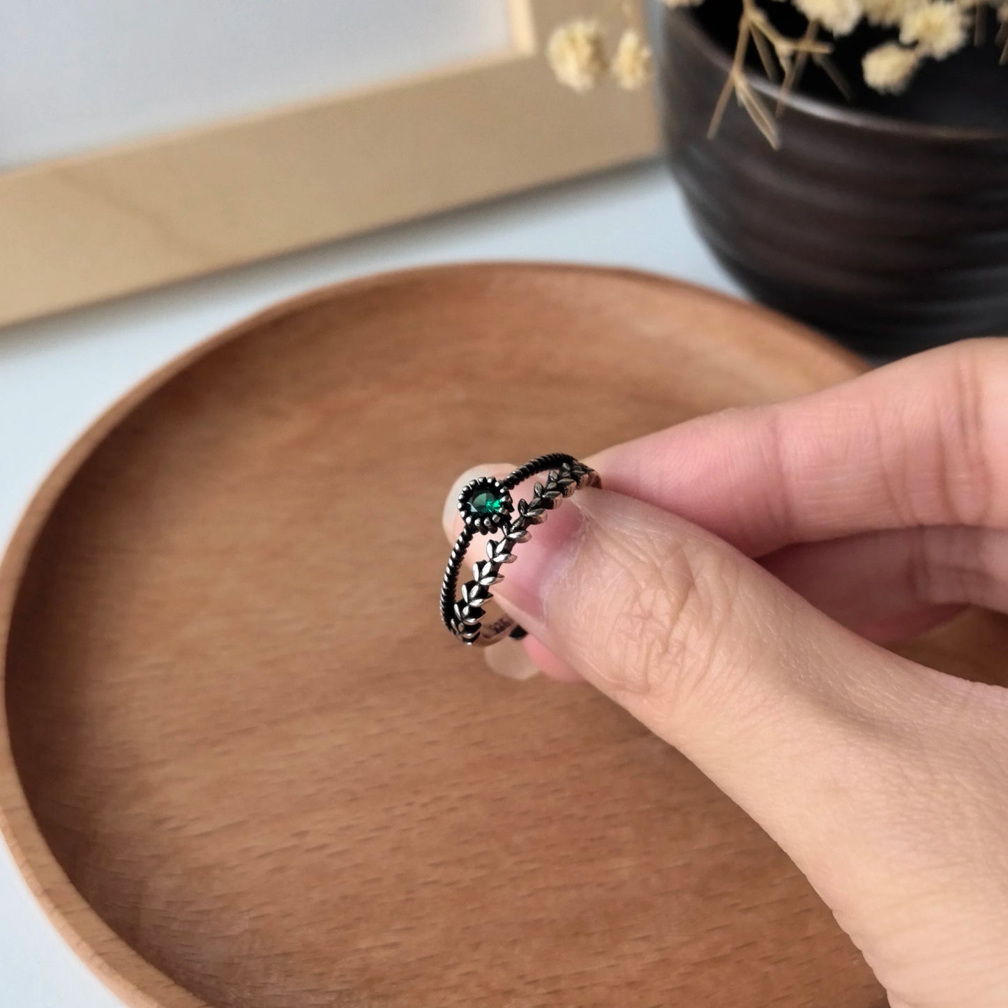 925 Silver Open Finger Ring Flower Leaf Design Green Golden Vintage Stackable For Women