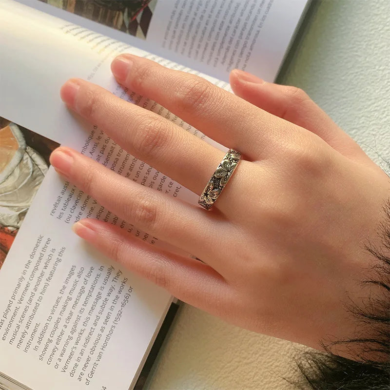 Carved 925 Sterling Silver adjustable Ring with Flower Motives