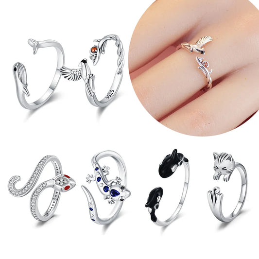 Adjustable Original S925 Sterling Silver Ring Fine Jewelry Fashion Romantic Gift Couple Cute Animal Ring