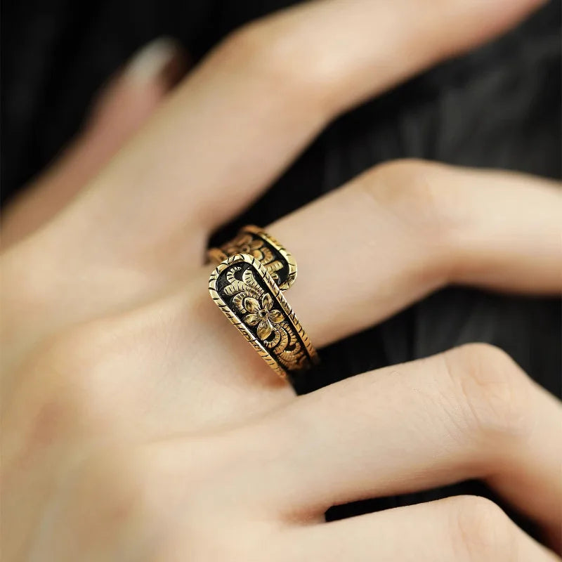 925 Silver Open Finger Ring Flower Leaf Design Green Golden Vintage Stackable For Women
