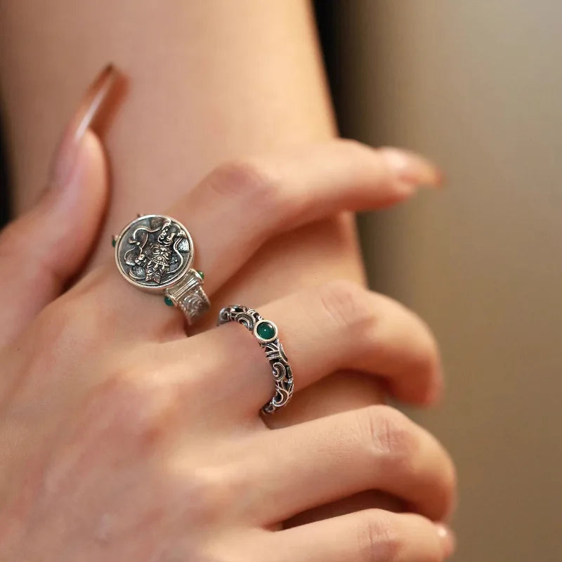 925 Silver Open Finger Ring Flower Leaf Design Green Golden Vintage Stackable For Women