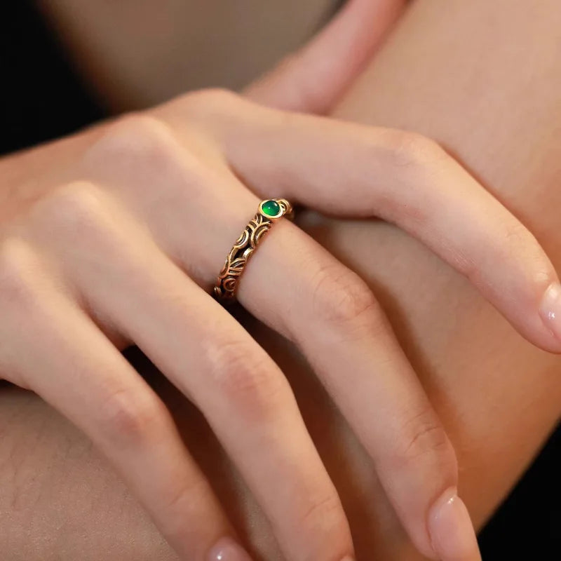 925 Silver Open Finger Ring Flower Leaf Design Green Golden Vintage Stackable For Women