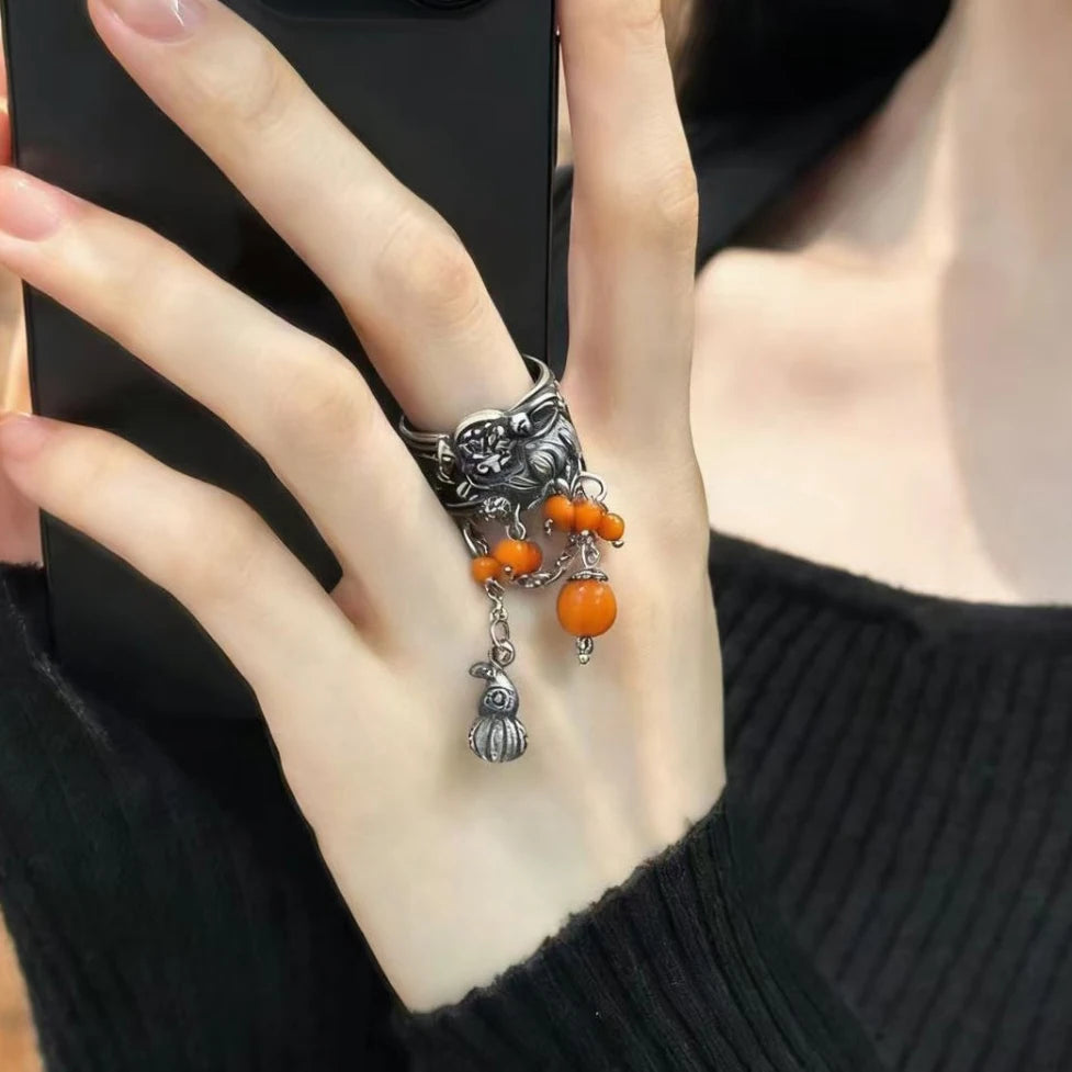 925 Silver Open Finger Ring Flower Leaf Design Green Golden Vintage Stackable For Women