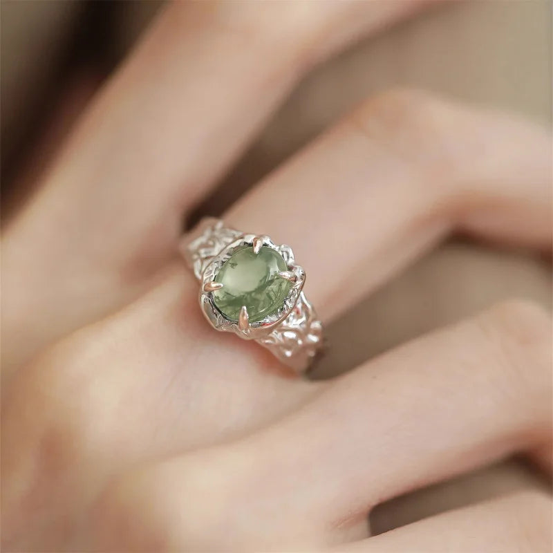 925 Silver Open Finger Ring Flower Leaf Design Green Golden Vintage Stackable For Women