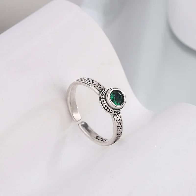 925 Silver Open Finger Ring Flower Leaf Design Green Golden Vintage Stackable For Women