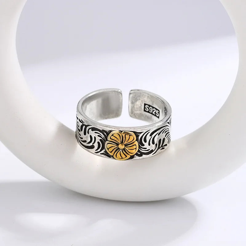 925 Silver Open Finger Ring Flower Leaf Design Green Golden Vintage Stackable For Women