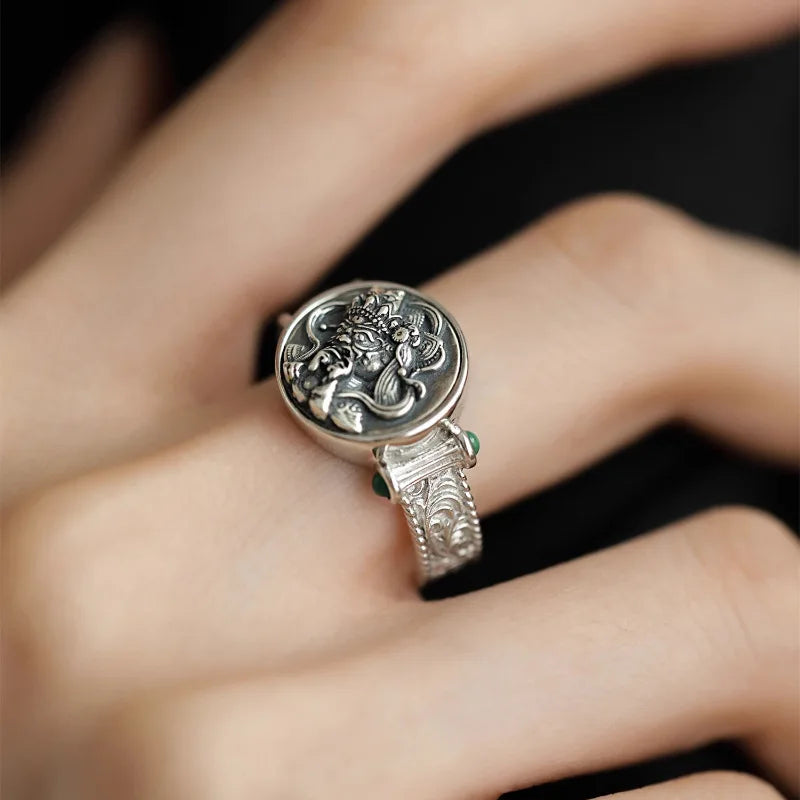 925 Silver Open Finger Ring Flower Leaf Design Green Golden Vintage Stackable For Women