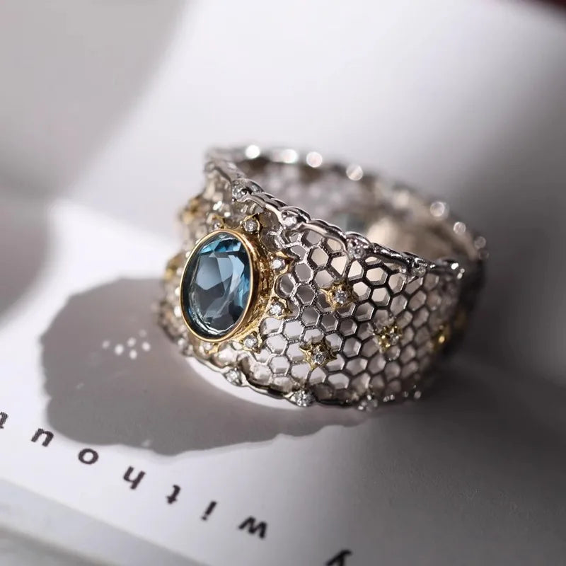 925 Silver Open Finger Ring Flower Leaf Design Green Golden Vintage Stackable For Women