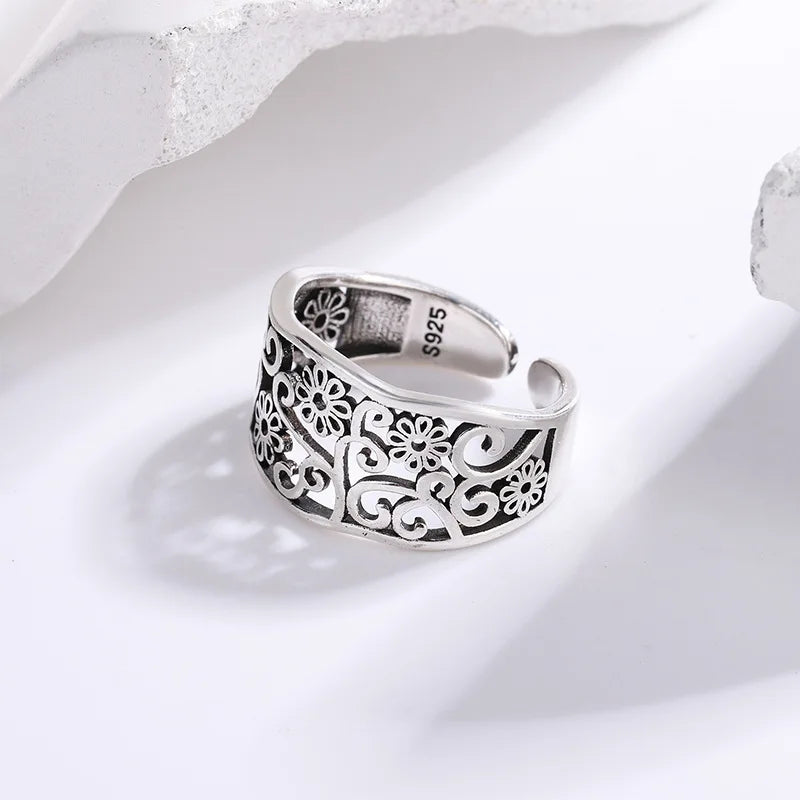 925 Silver Open Finger Ring Flower Leaf Design Green Golden Vintage Stackable For Women