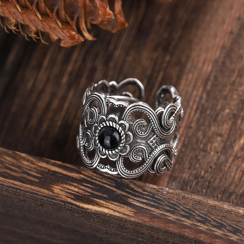 925 Silver Open Finger Ring Flower Leaf Design Green Golden Vintage Stackable For Women