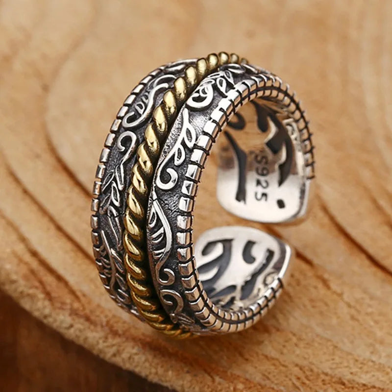 925 Silver Open Finger Ring Flower Leaf Design Green Golden Vintage Stackable For Women
