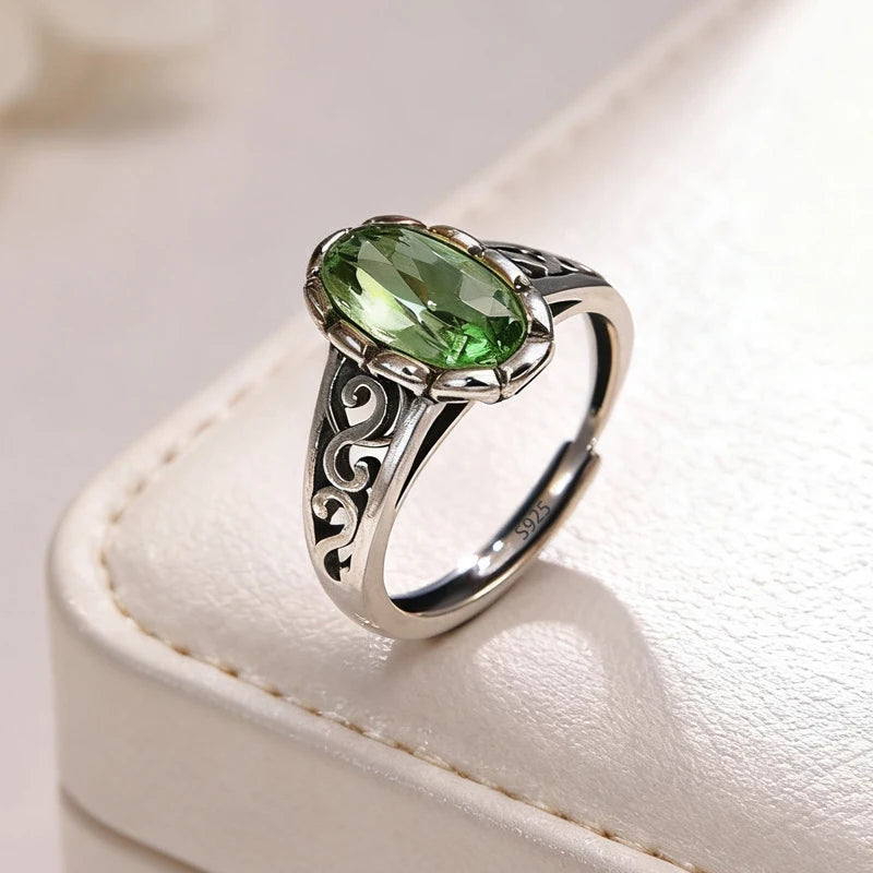 925 Silver Open Finger Ring Flower Leaf Design Green Golden Vintage Stackable For Women