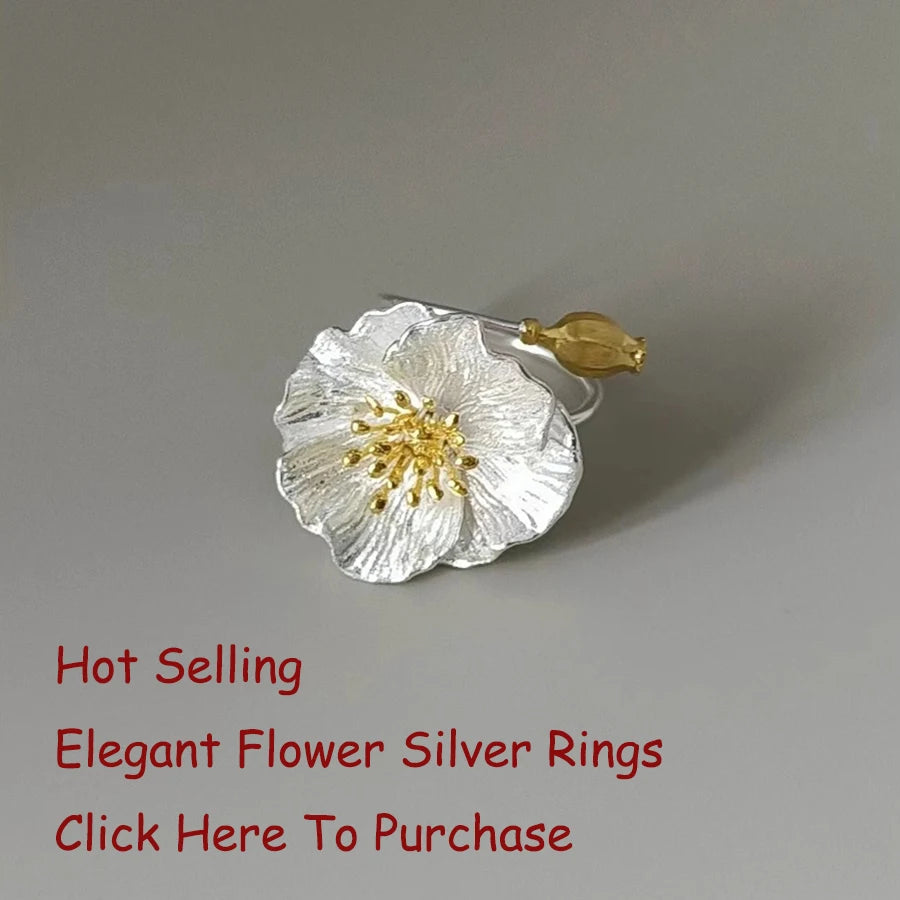 925 Silver Open Finger Ring Flower Leaf Design Green Golden Vintage Stackable For Women