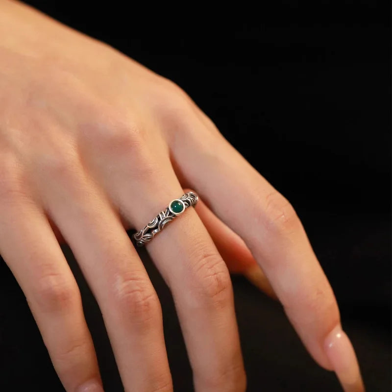 925 Silver Open Finger Ring Flower Leaf Design Green Golden Vintage Stackable For Women