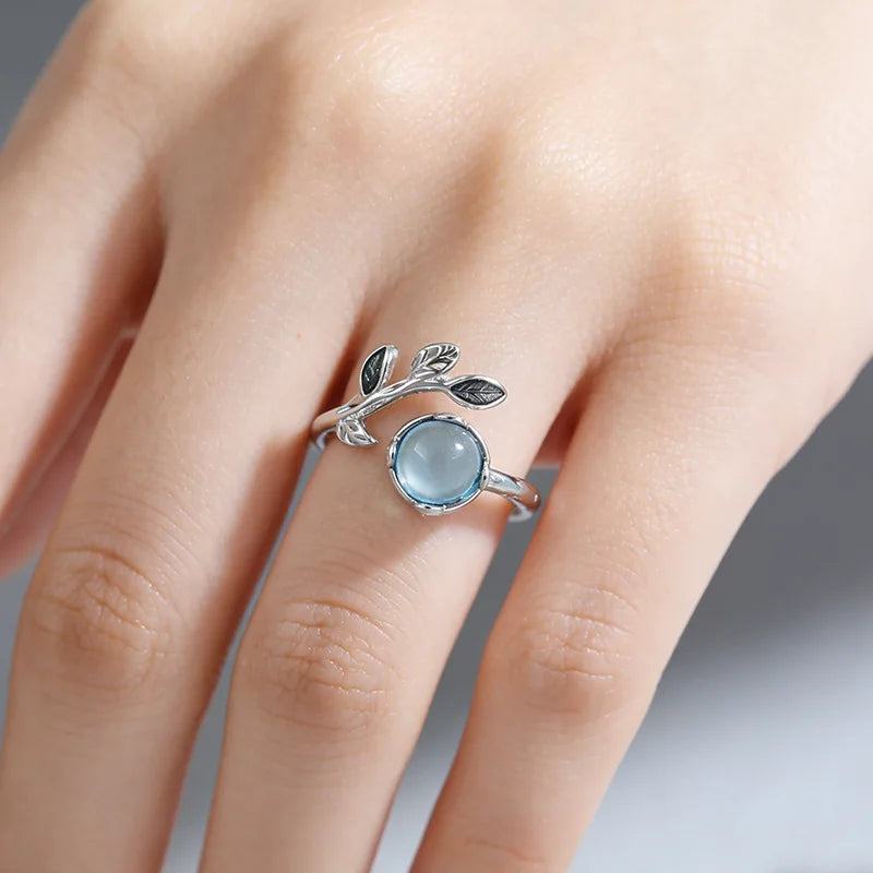 925 Silver Open Finger Ring Flower Leaf Design Green Golden Vintage Stackable For Women