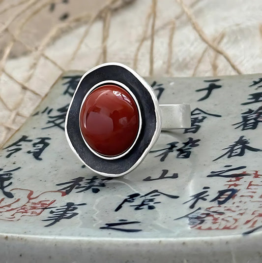 Adjustable Finger Ring with Oval Red Stone Irregular Shape for Women 925 Silver